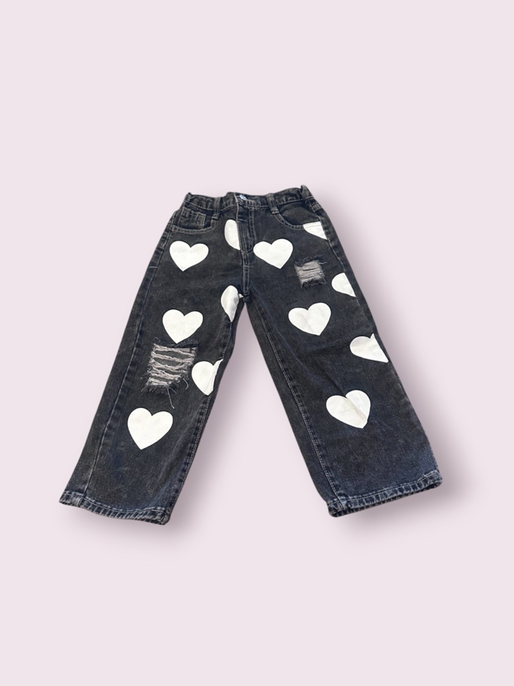 Girls SHEIN Black Denim White Heart Print Distressed Wide Leg Jeans Size 7Y